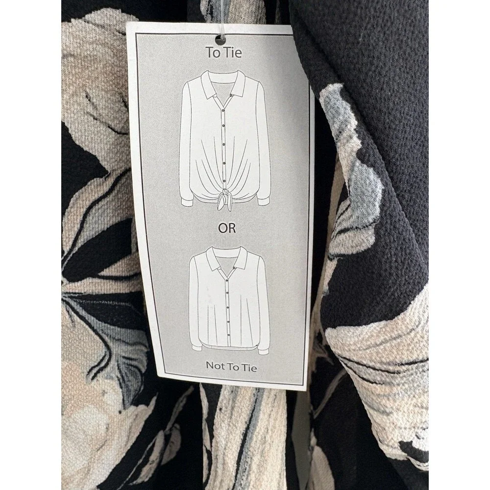 Roz & Ali Blouse Black Floral Tie Front Long Sleeve Button Top New - Picture 3 of 6